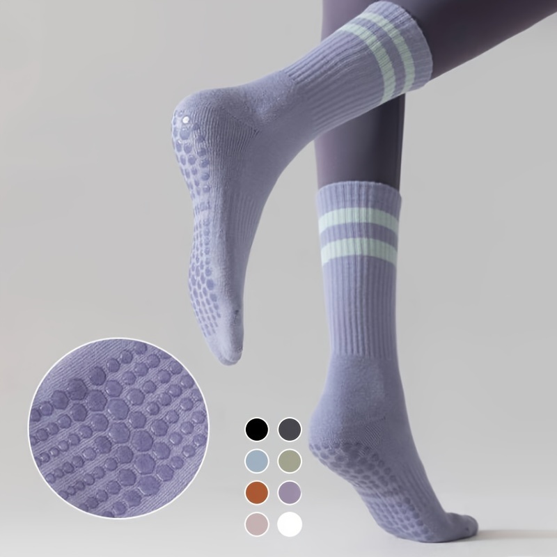

3/6 Pairs Striped Mid-tube Socks, Professional Non-slip Yoga Socks With Grips In Pilates Ballet Barre Fitness