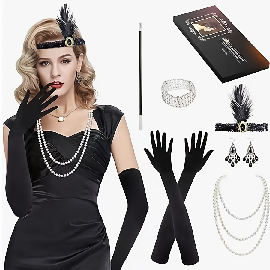 1920s Ladies Flapper Accessories Great Gatsby Costume Accessories Set 20s  Flapper Headband Pearl Necklace Bracelet Earrings Gloves