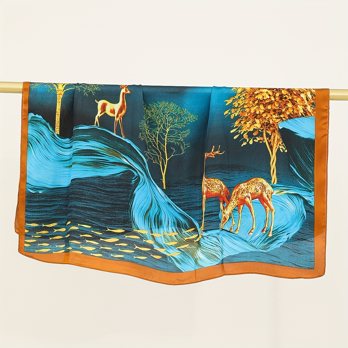 Deer Print Bandana Green Shawl Satin Square Scarf Classic Neckerchief Head Wrap