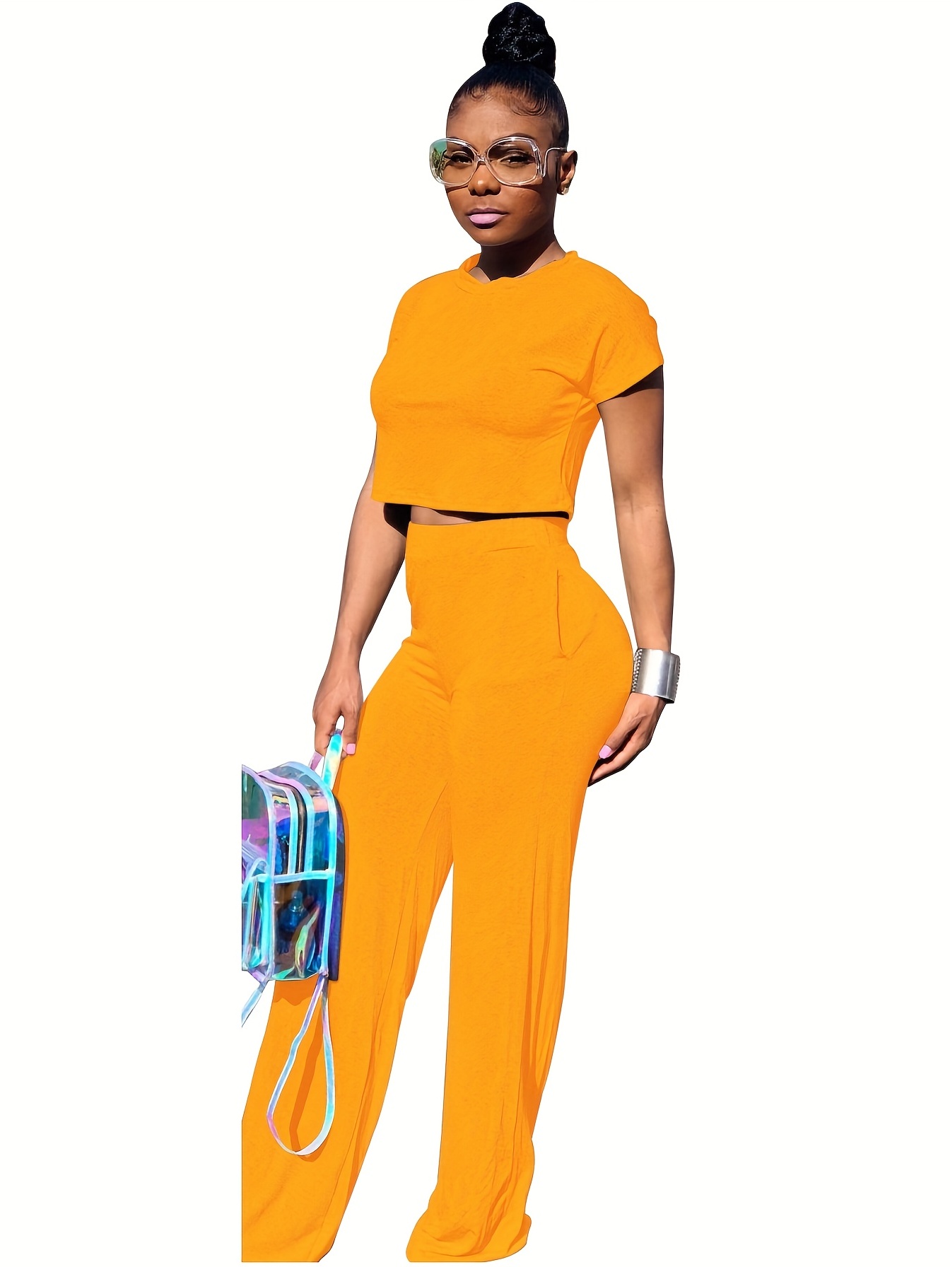 YWDJ Two Piece Outfits for Women Summer Pants Set 's Casual Fashion Solid  Color Workwear Jacket Short Top Leggings Pants Commuting Two-piece Set  Orange S 