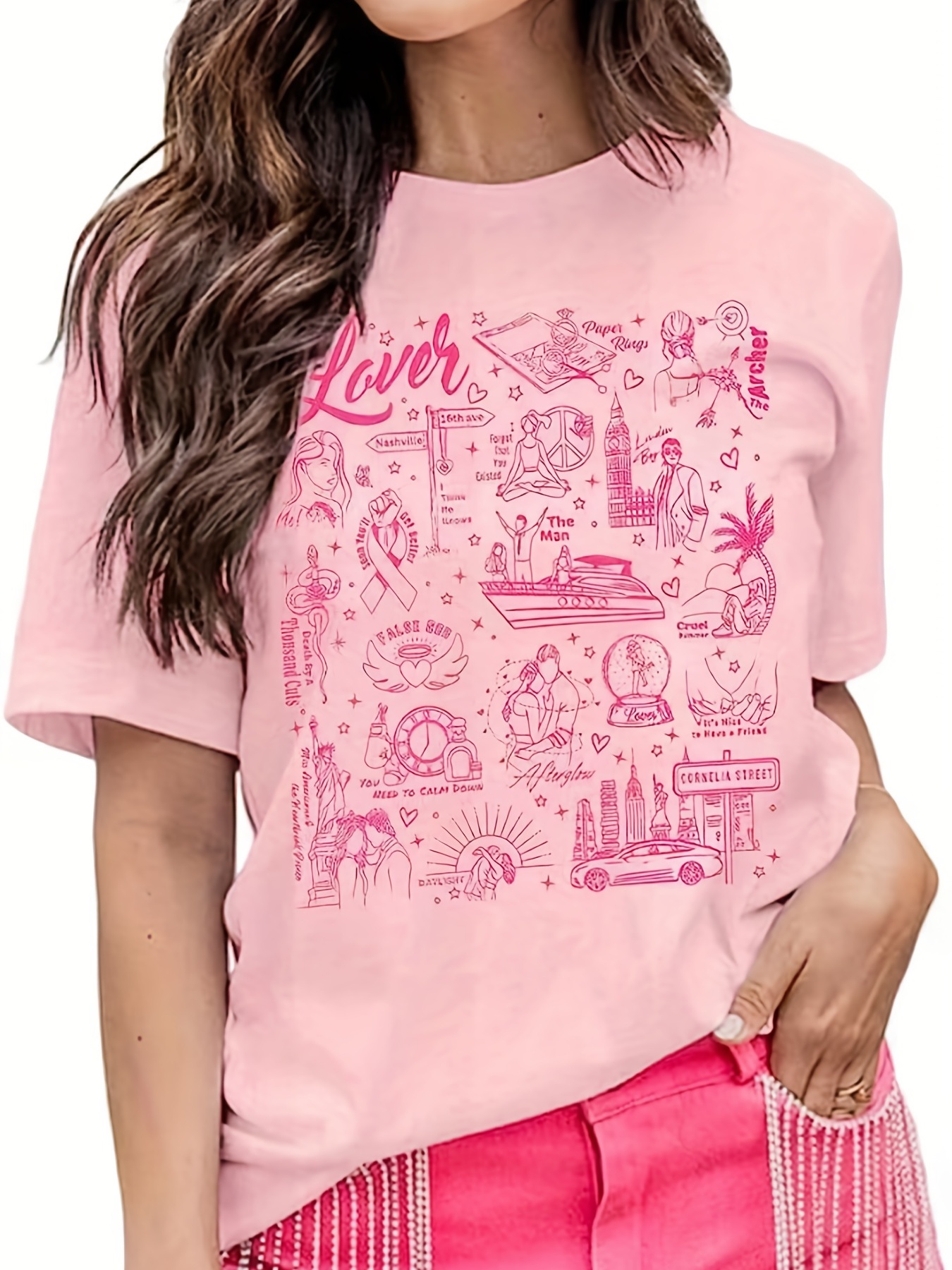 Cathalem Cotton Tshirts for Women Printed T-Shirts Short Sleeve Graphic Tee  Tops,Pink+Blue S