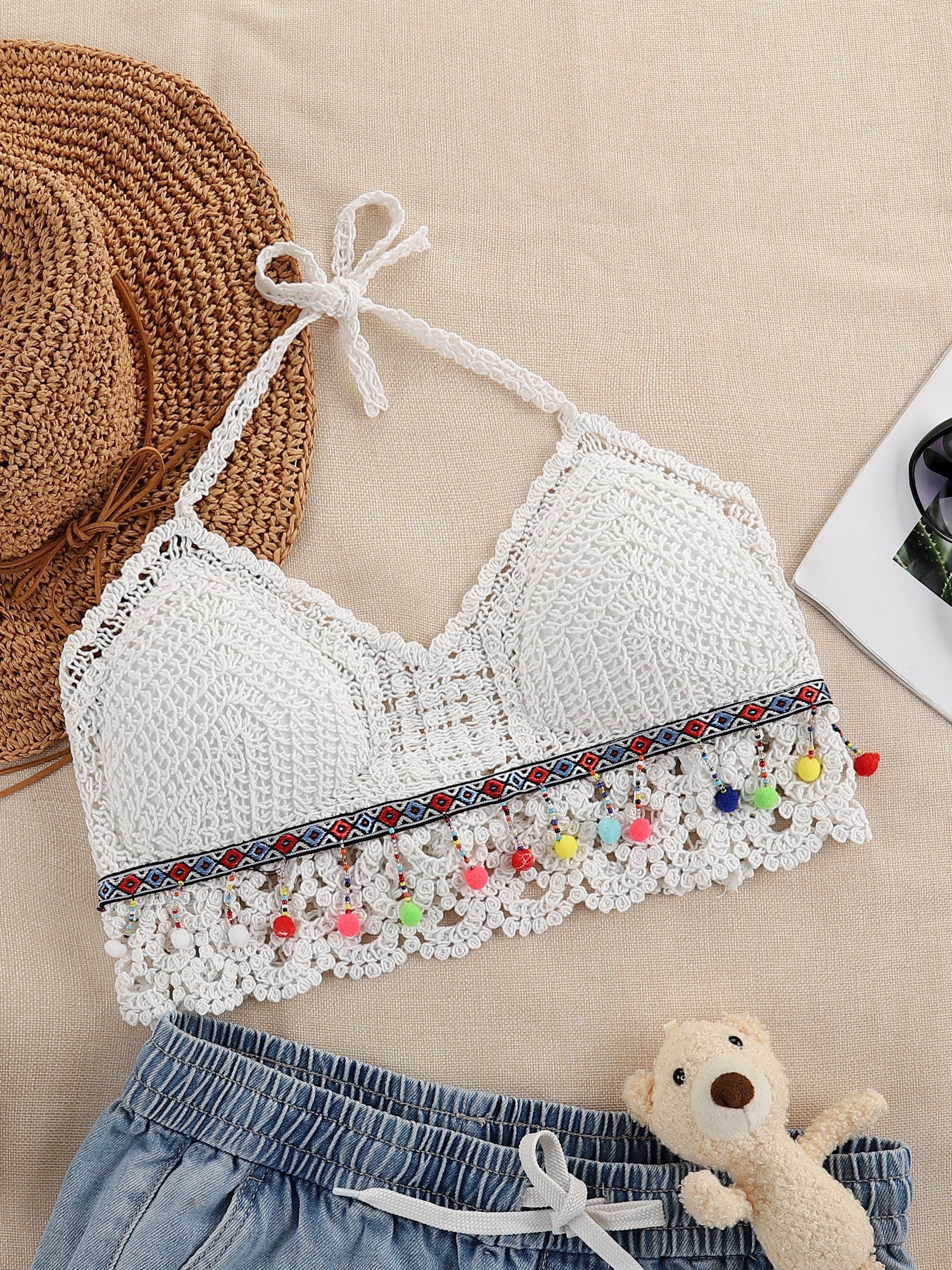 Crochet Crop Halter Top Sexy Beach Cut Open Back Lace Halter - Temu