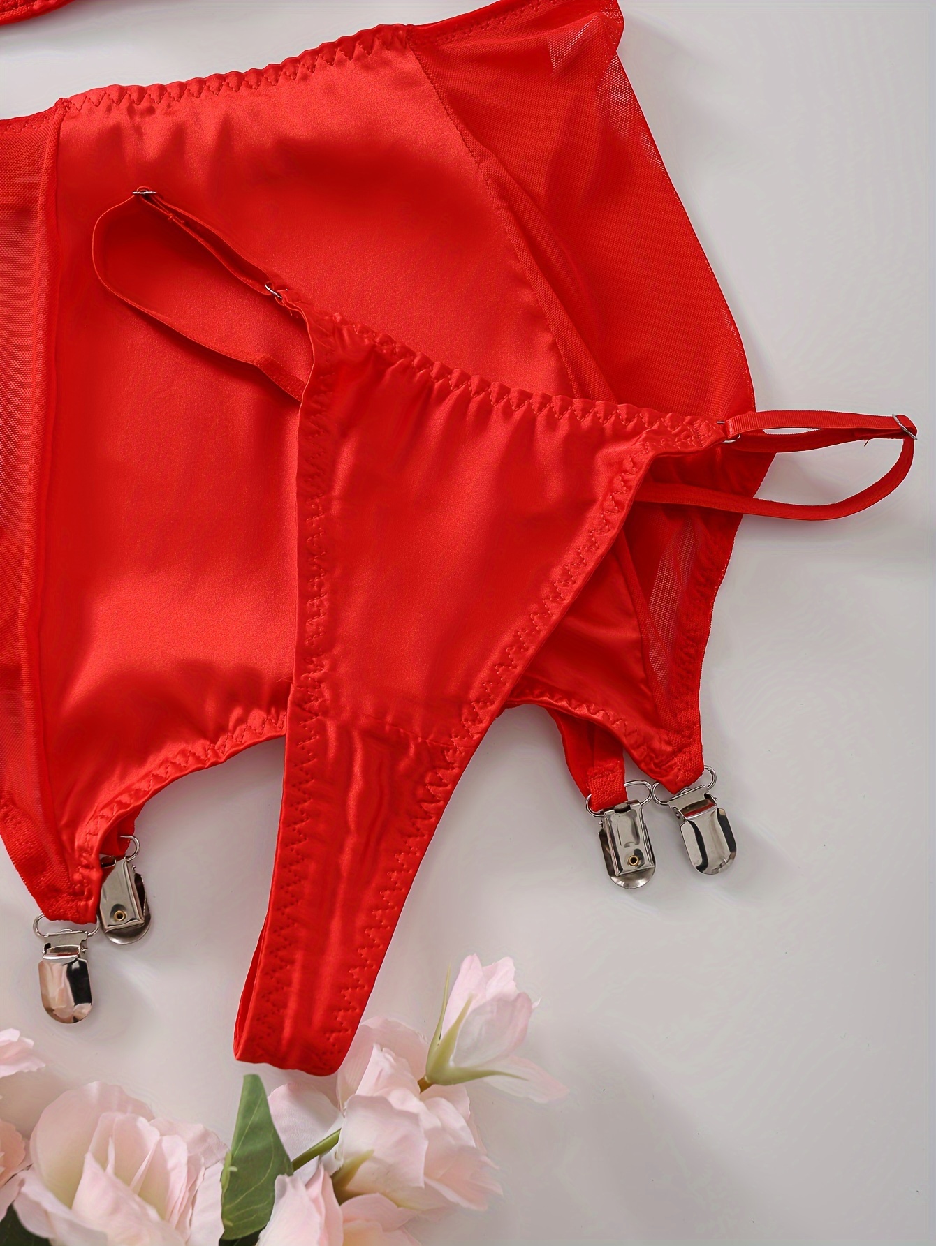 Solid Satin Lingerie Set Cut Intimates Bra Garter Belt Thong