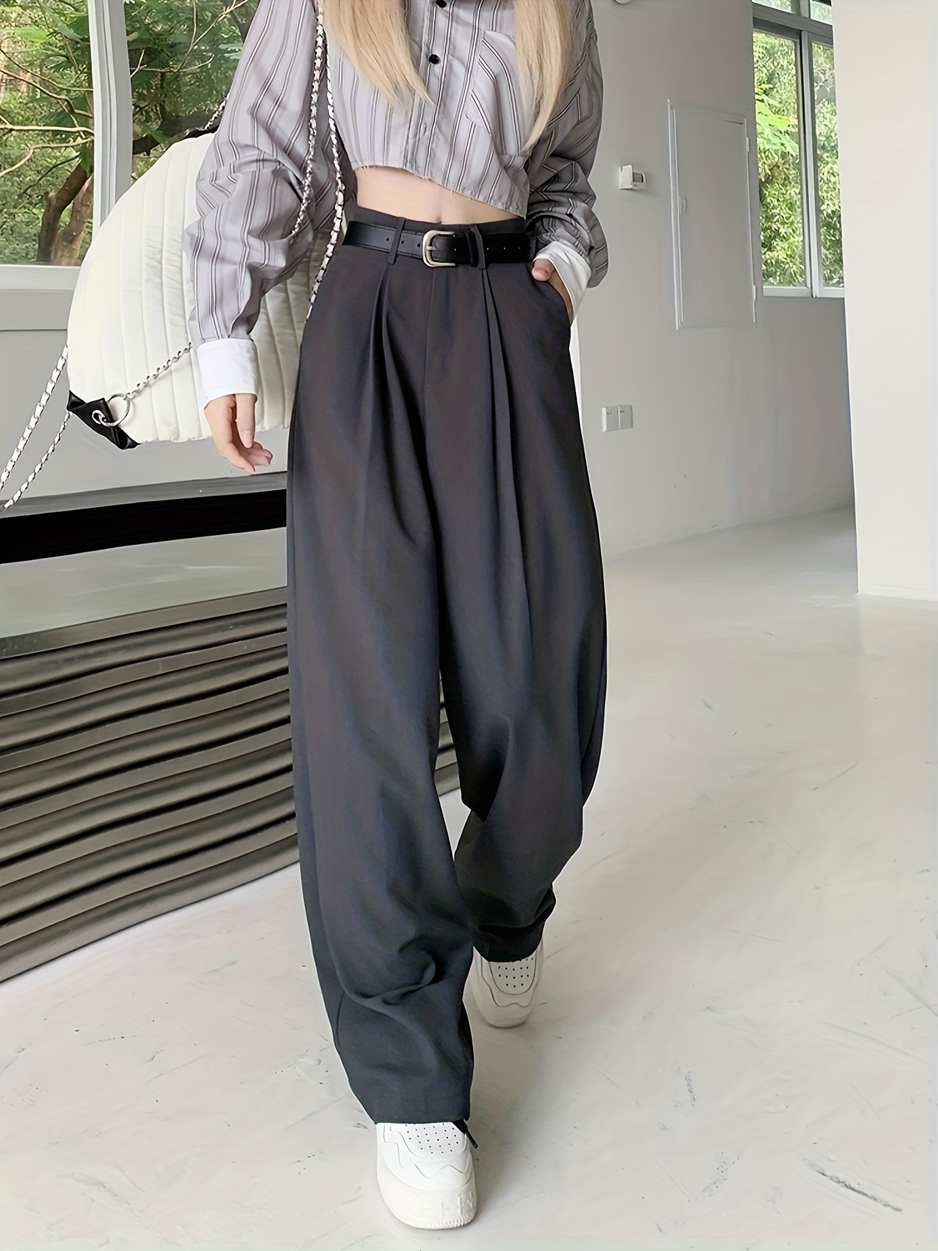 Womens Dress Pants Solid Casual Loose Baggy High Waist Straight Wide Leg  Pull On Office Business Pants Work Trousers 