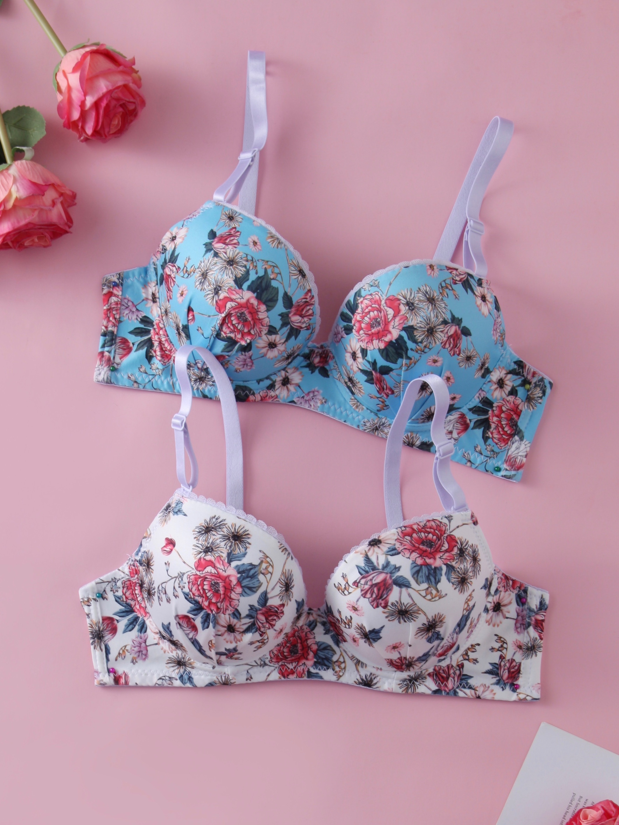 Floral Print Women's Bras Push Up Solid Trendy Padded Bra No