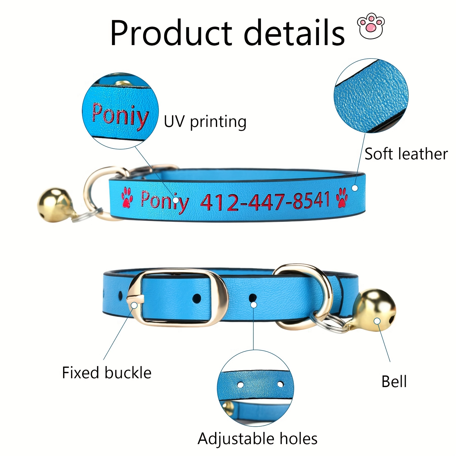 Custom Leather Cat Collar With Bell,uv Print Cat Name And Phone Number,  Suit Boy And Girl Cat - Temu New Zealand