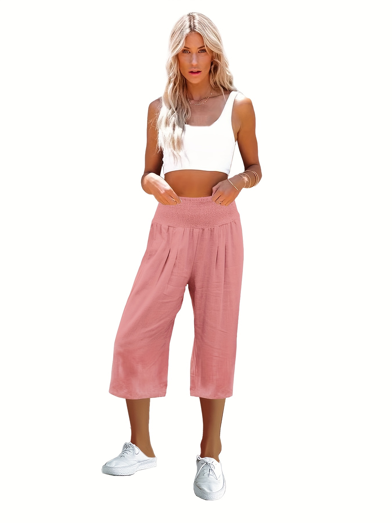 Womens High Waist 3/4 Length Linen Pants Ladies Solid Wide Leg Capri  Trousers US