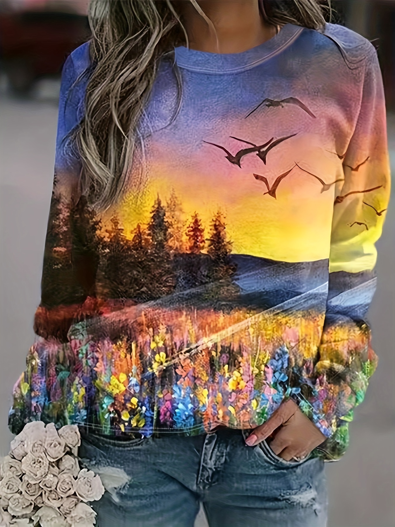 Women's Long Sleeve Flower and Landscape Print Sweatshirt Casual Fall Loose  Crewneck Pullover Tops Sweatshirts for Women Fall 