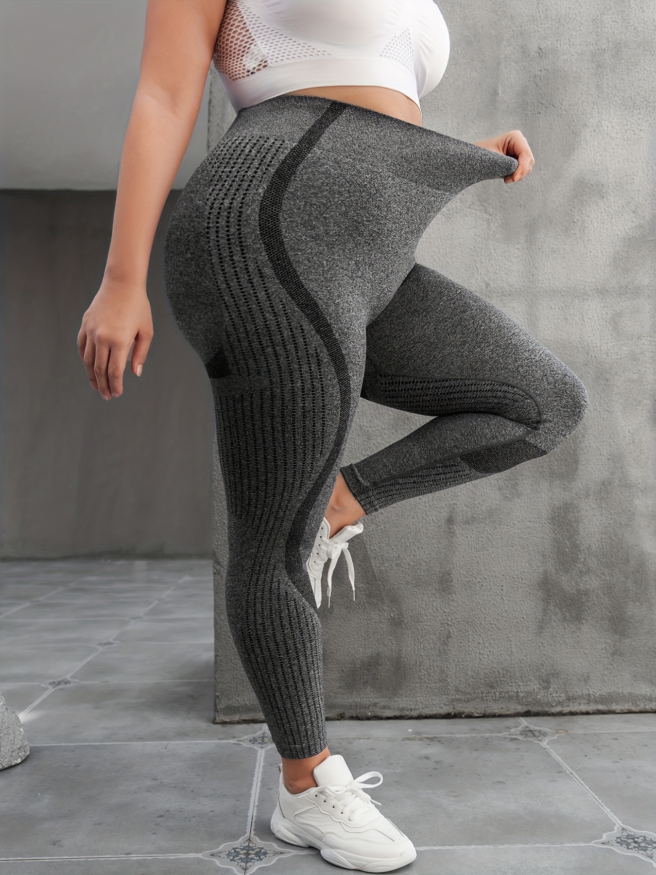 Workout Leggings Ribbed Wide Waistband Athletic Tights
