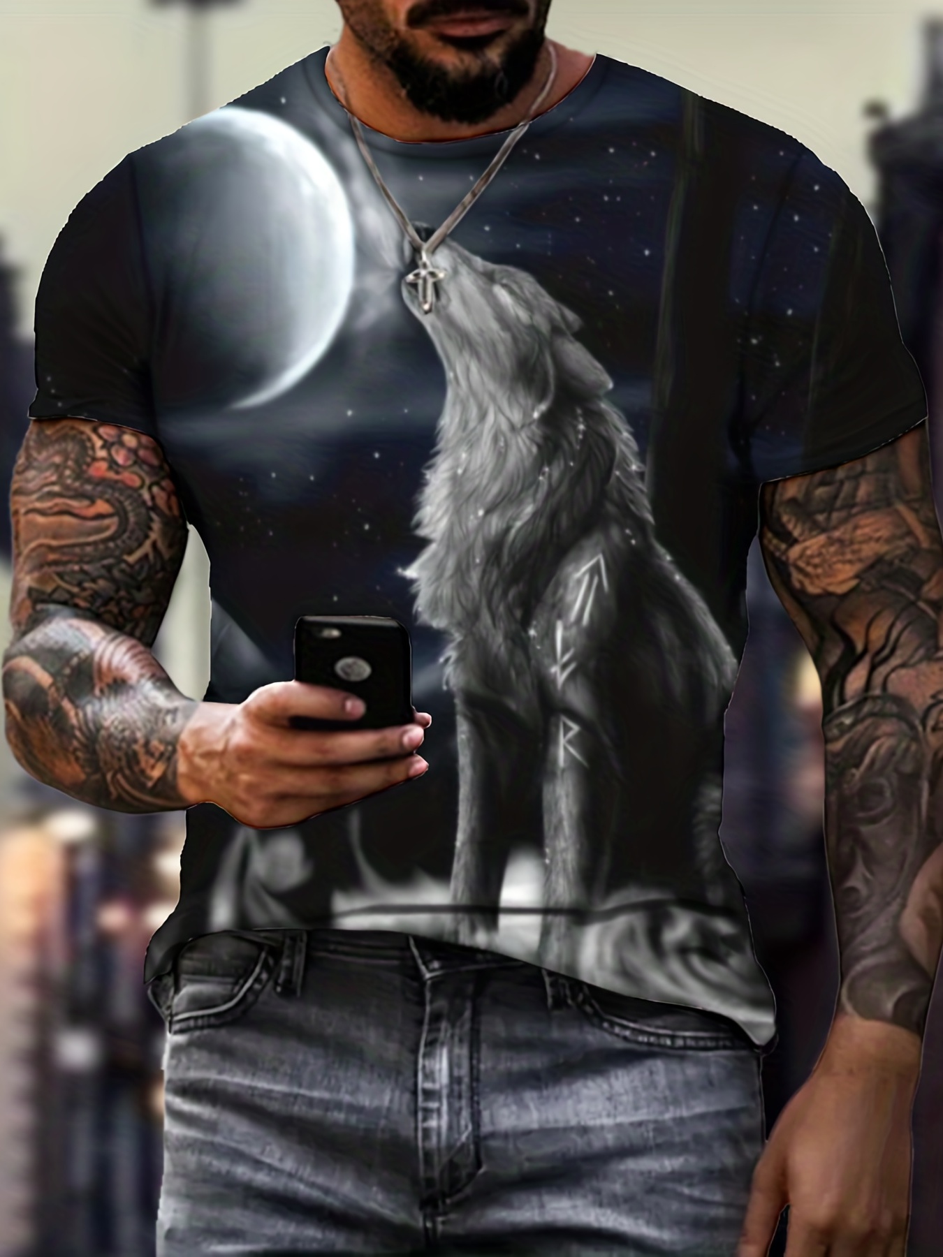Wolf Moon 3d Digital Pattern Print Graphic Men's T shirts - Temu