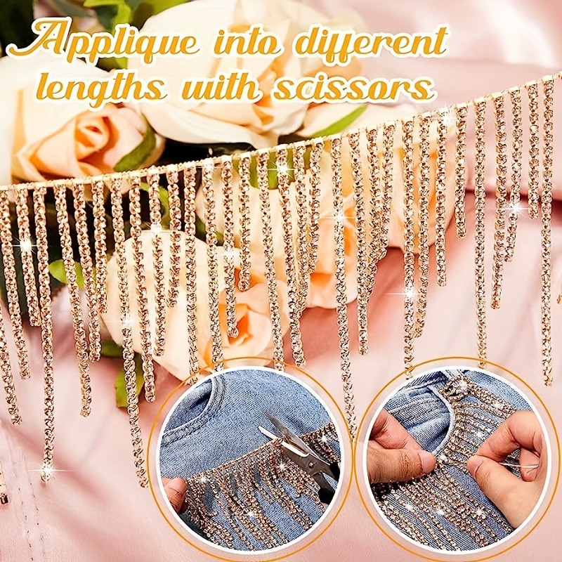 Jerler 1 Yard Tassel Rhinestone Trim Chain Gold Fringe Rhinestone Applique for DIY Decoration and Bridal Embellishments Ideal for Wedding Party 1