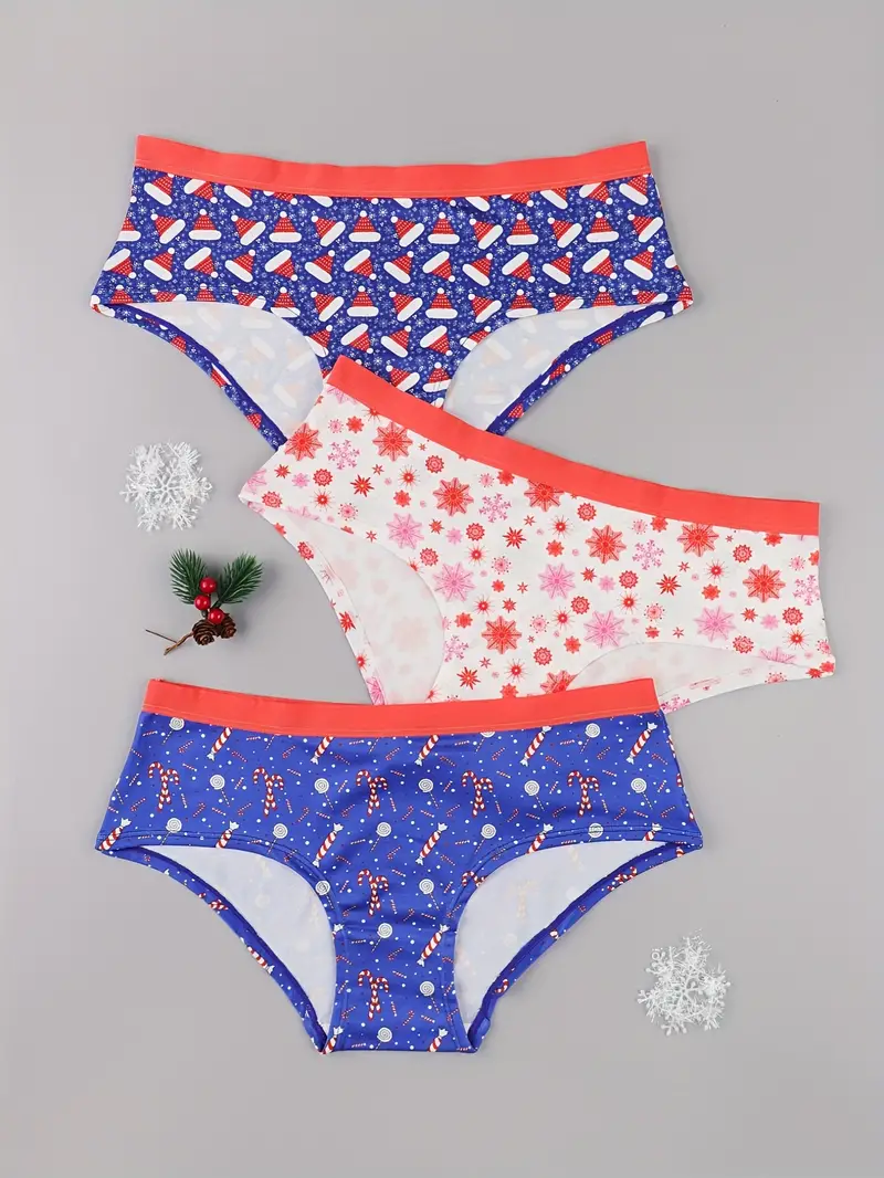 3 Pack Plus Size Christmas Cute Panties Set, Women's Plus Christmas Hat &  Snowflake & Lollipop Print Contrast Binding Low Waisted Briefs 3pcs Set