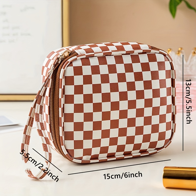 1pc Brown Checkerboard Simple Fashion Large Capacity Travel Storage  Portable Makeup Bag For Women Girls