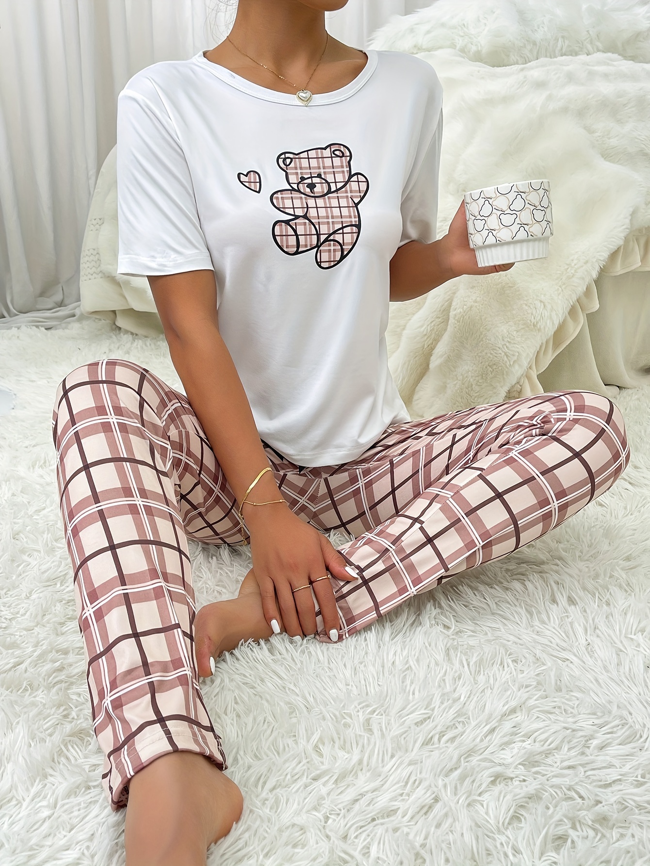 Heart Print Pajamas Set Short Sleeve Crew Neck Top Lounge - Temu