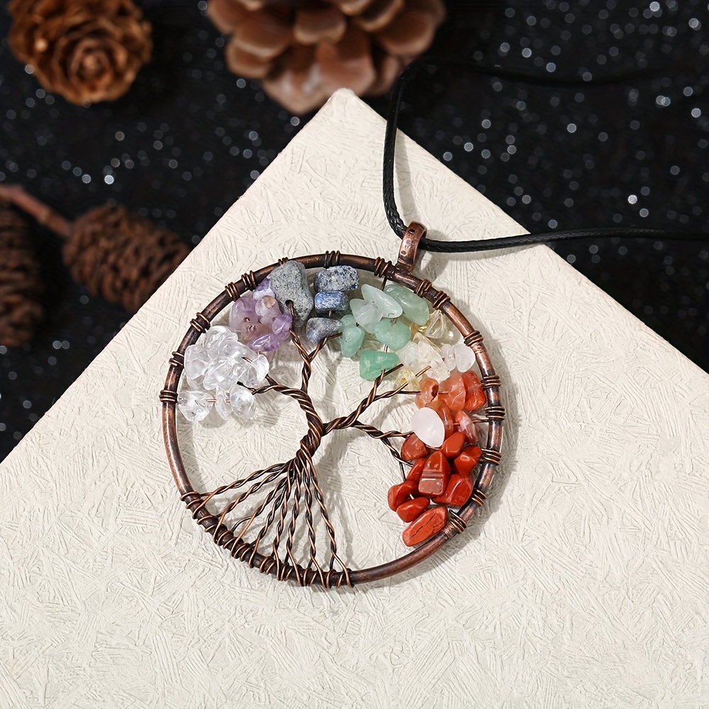 50MM Natural Crystal Stone Pendant Tree Shape Copper Frame Necklace Gift
