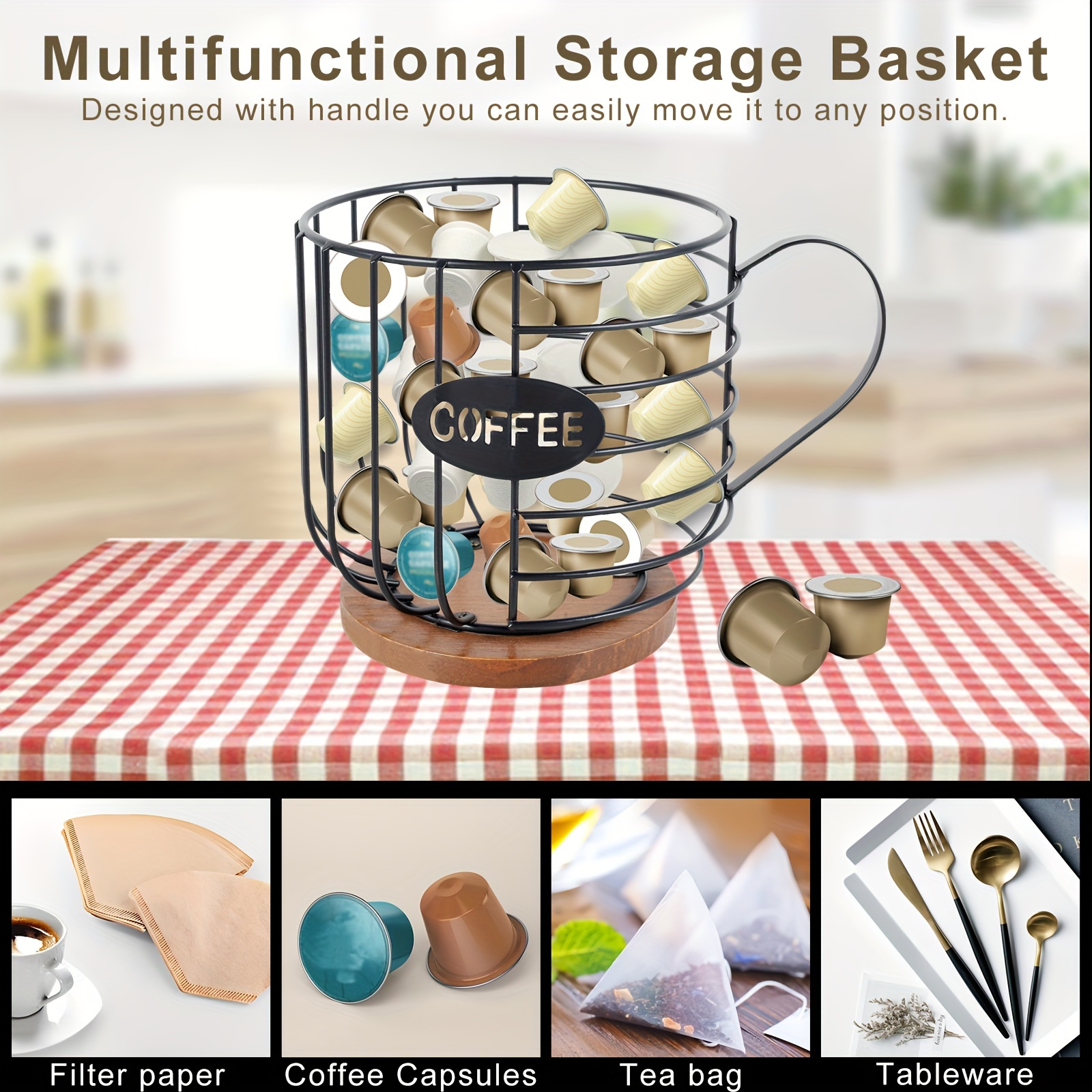 1pc Pod Stands, Coffee Pod Holder With Wooden Base, Large Capacity Coffee  Filters Storage With Handle, Metal Coffee Capsule Cages Round Coffee Pod Con