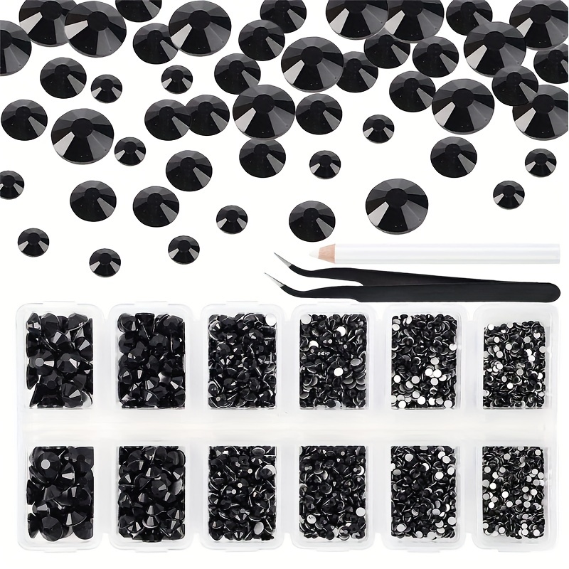 3200pcs Black Rhinestones 6 Size(1.6-6.4mm) FlatBack Crystal Rhinestones  Gems For Crafts With Tweezers And Picking Pen