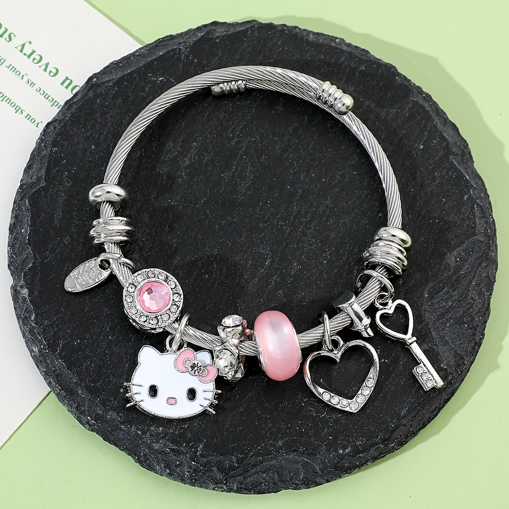 1pc Luxury Crystal Beads Bangle for Men DIY Bracelet, Hello Kitty Pendant Hand Chain Accessories Gifts,Temu