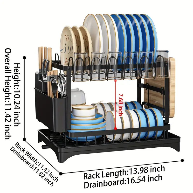 Dish Rack, Carbon Steel 2-tier Dish Drying Rack With Drainboard Set, Large  Metal Dish Racks With Drainage, Glass Holder, Utensil Holder, And Extra  Drying Mat,, Organization And Storage - Temu