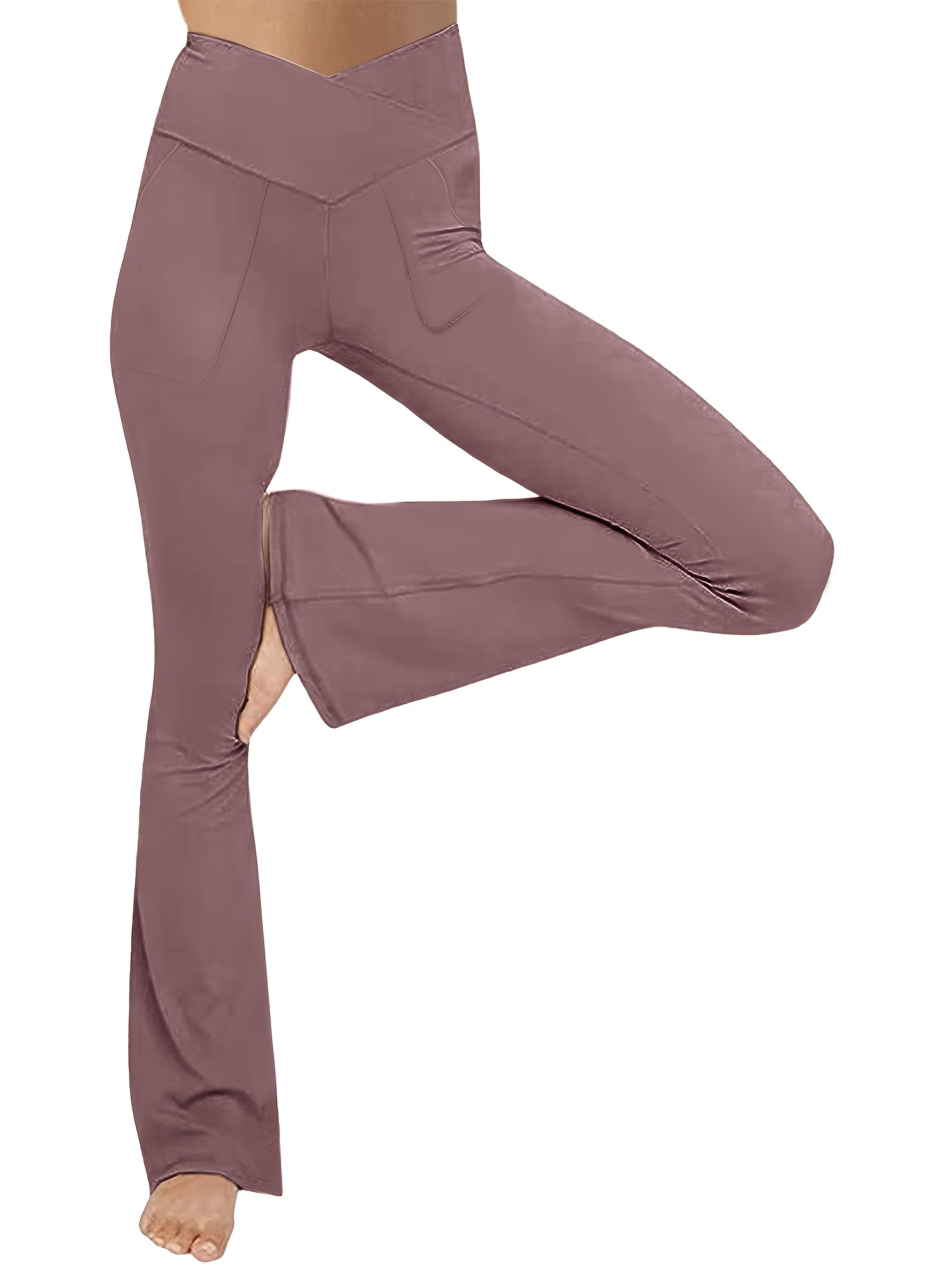 Calças femininas com bolsos cintura alta cruzada perna larga cor sólida