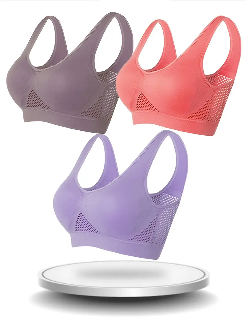 3 Pcs Breathable Solid Eyelet Mesh Hole Vest Sports Bras, Plus Size  Non-steel Running Yoga Bras, Women's Lingerie & Underwear