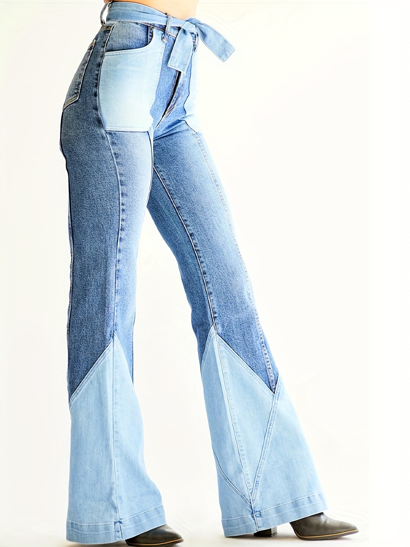 Colorblock High Waist Flare Jeans Slash Pockets High Rise - Temu Republic  of Korea