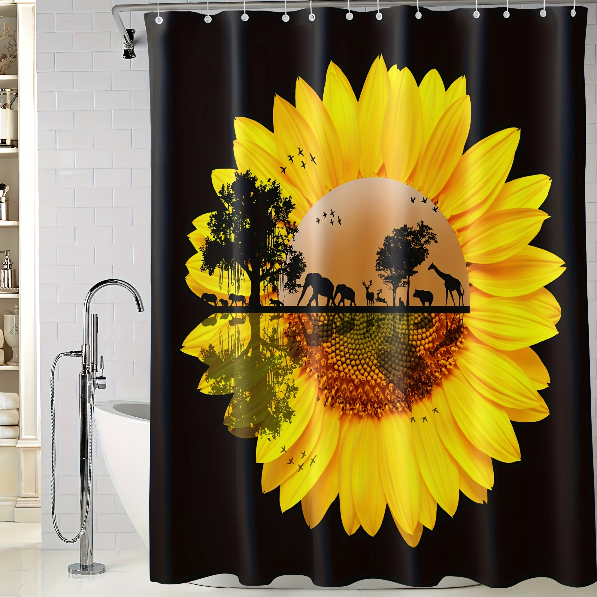 Sunflower Shower Curtain Set Waterproof Fabric Black Shower - Temu