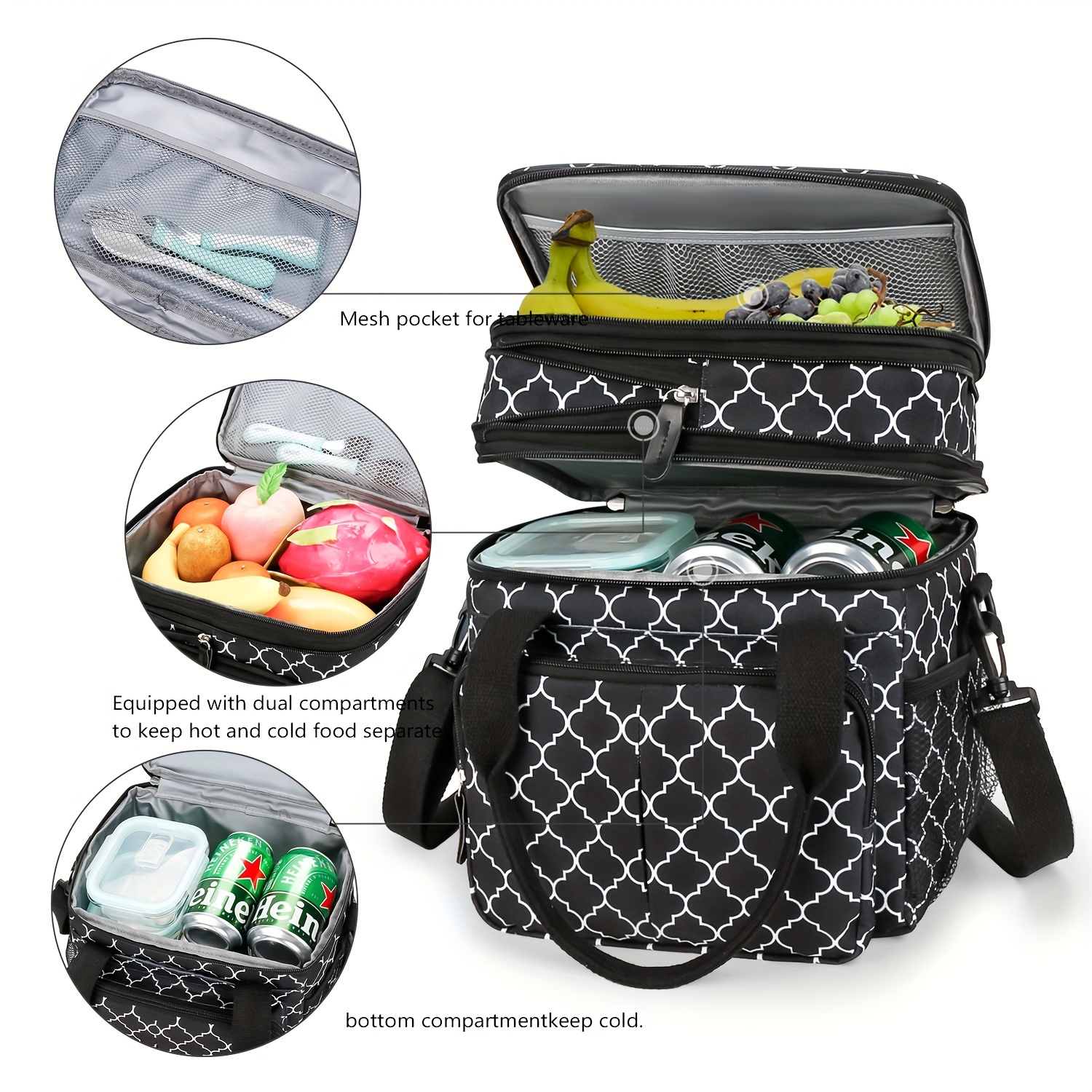 Black White Race Checkered Flag Portable Insulated Lunch Tote Bag Reusable  Lunch Box For Men, Women And Kids