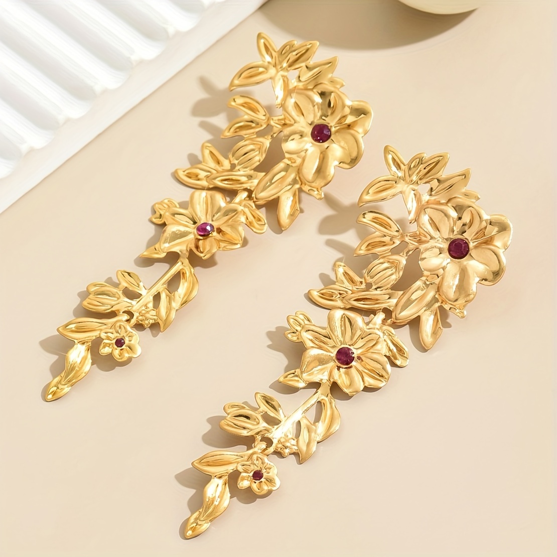 

Jhumka Style Dangle Earrings Golden Flower Design Inlaid Rhinestone Symbol Of Beauty And Elegance Evening Party Decor Gift For Female