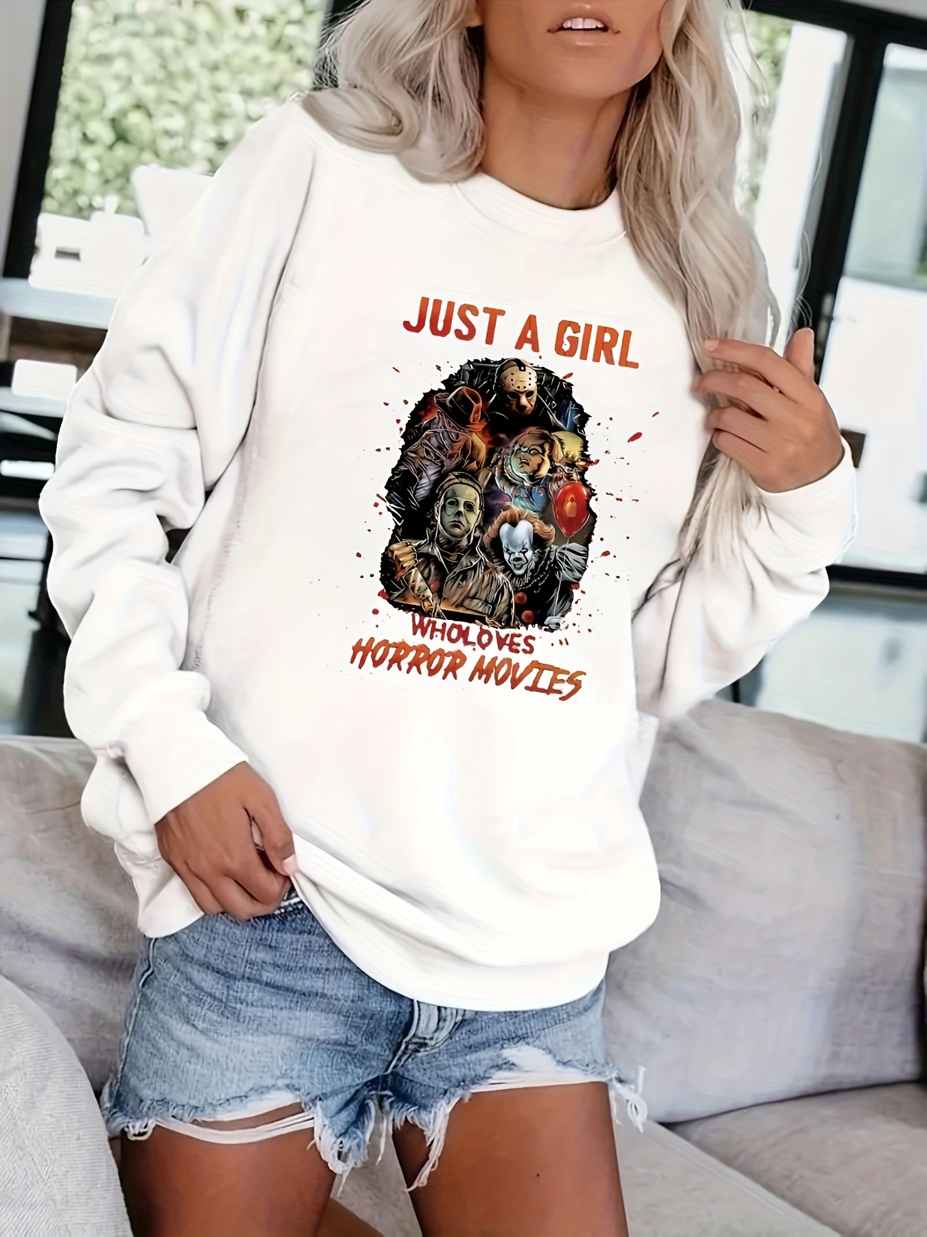 Plus Size Horror Characters Print Round Neck Pullover Oversized T-shirt,  Women's Plus Casual Slight Stretch Graphic Tee