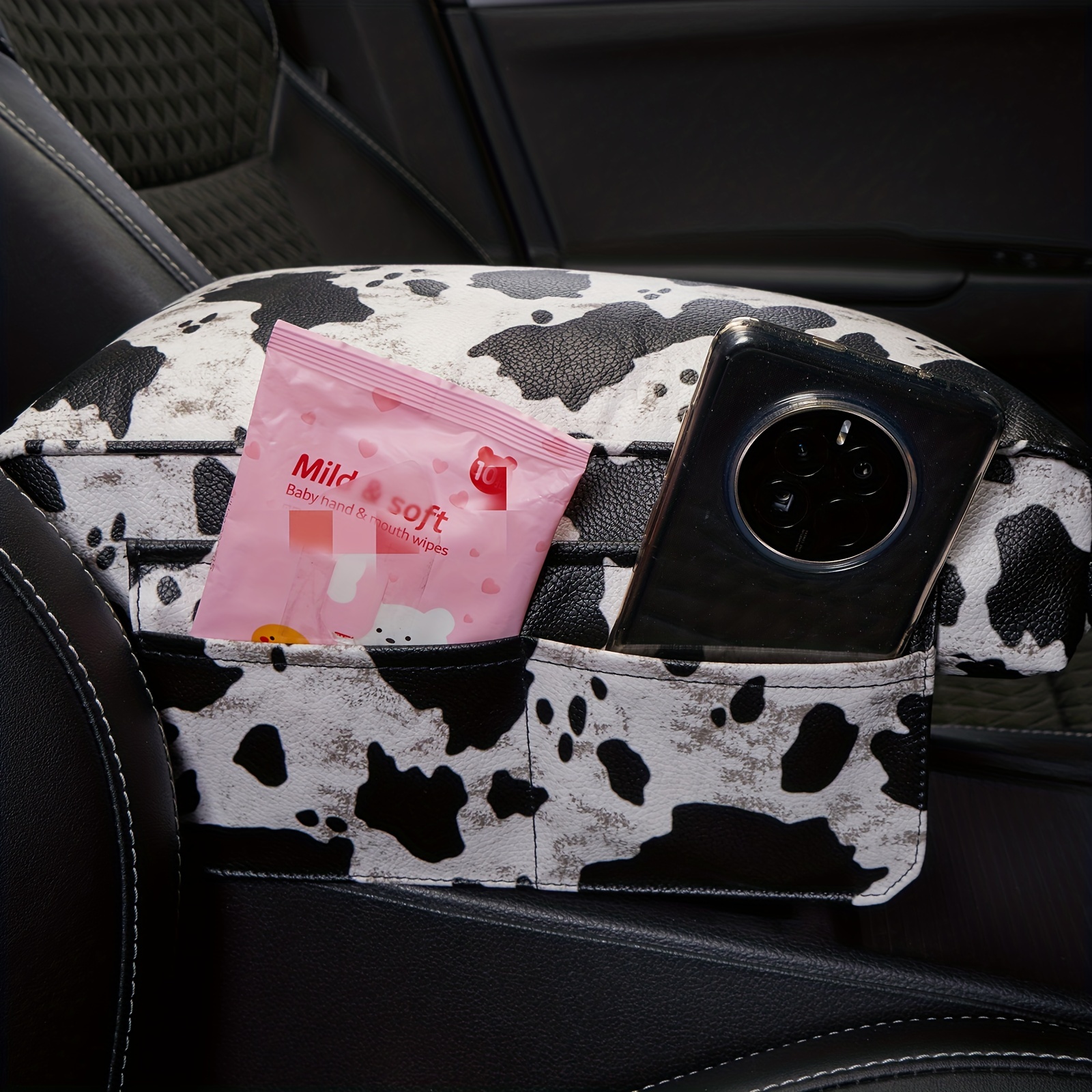 26 PCS Cow Print Car Accessories Cow Pattern Car Seat Covers Full Set Cute  Steering Wheel Cover Car Floor Mats Center Console Pad Cup Holders Seat