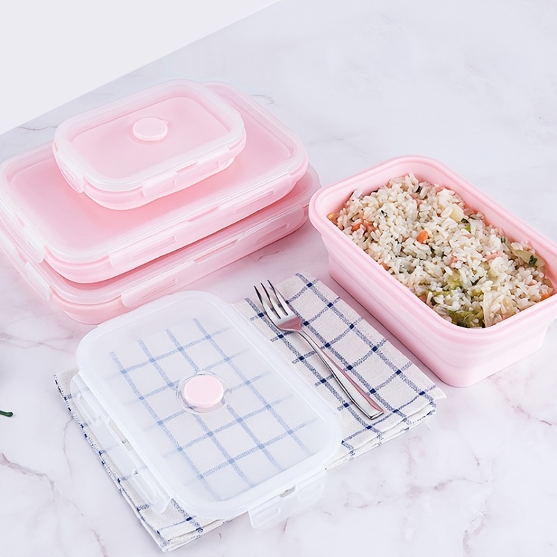 Silicone Lunch Box Portable Collapsible Folding Food Storage Container  Kitchen Microwave, Dishwasher and Freezer Safe Household Picnic bento box  for teens Pink(3pcs) 