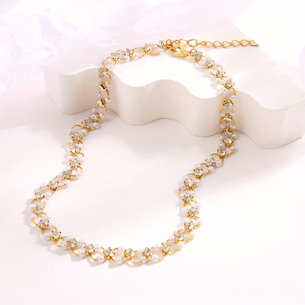 faux pearl inlaid zirconia choker necklace   jewelry for women details 3