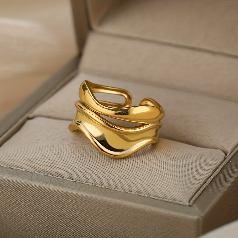 Golden Tone Stainless Steel Wave Open Ring
