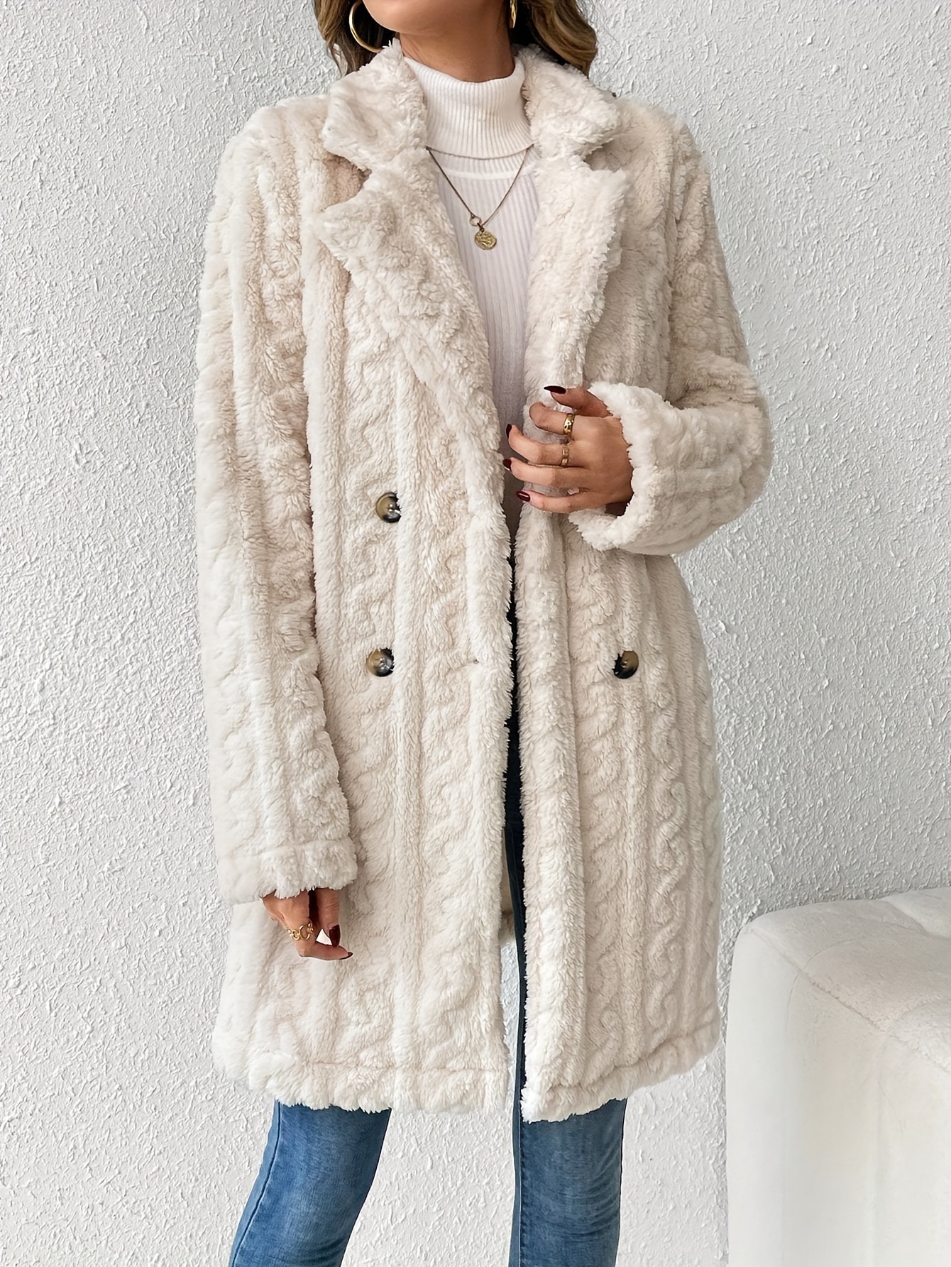 Double Breasted Faux Fur Coat Elegant Long Sleeve Notched - Temu