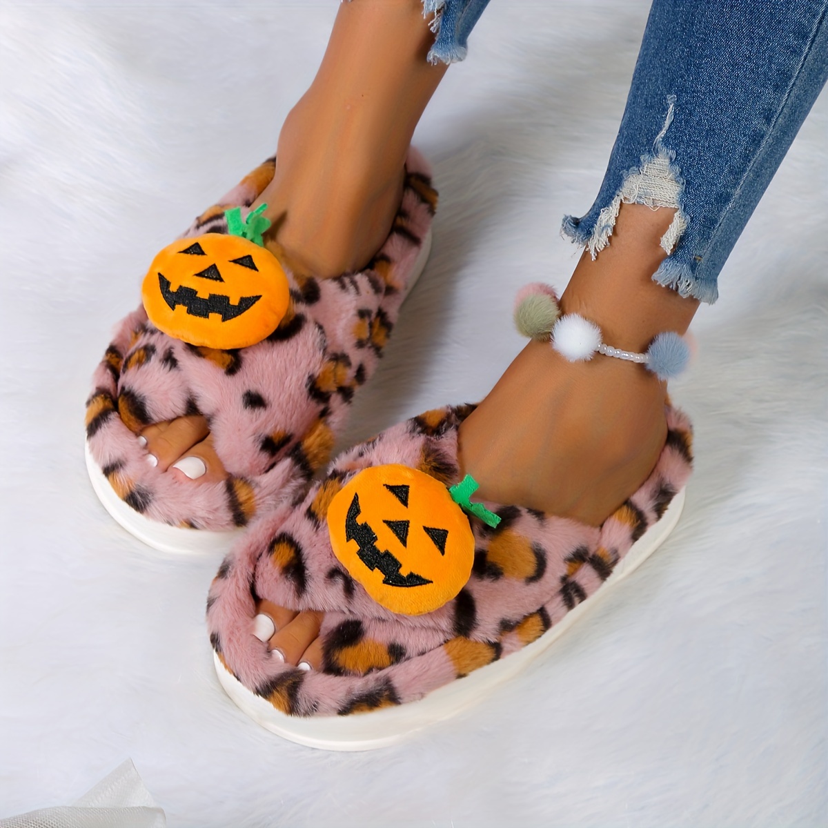 Fluffy Winter Warm Slippers Woman Girls Halloween Pumpkin Cartoon