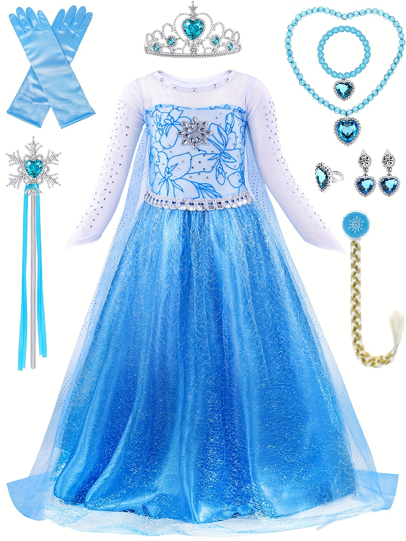 Frozen Elsa Dress Up Costume With Cosplay Accessories Crown Wand & Gloves 
