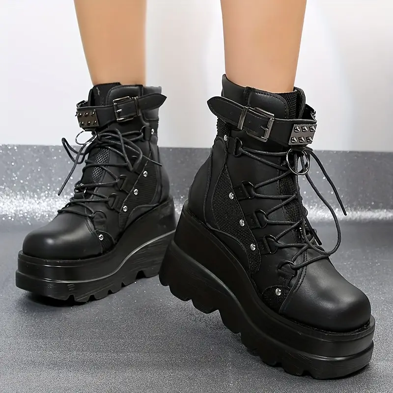Women's Platform Wedge Ankle Boots, Gothic Style Lace Up Buckle Strap ...
