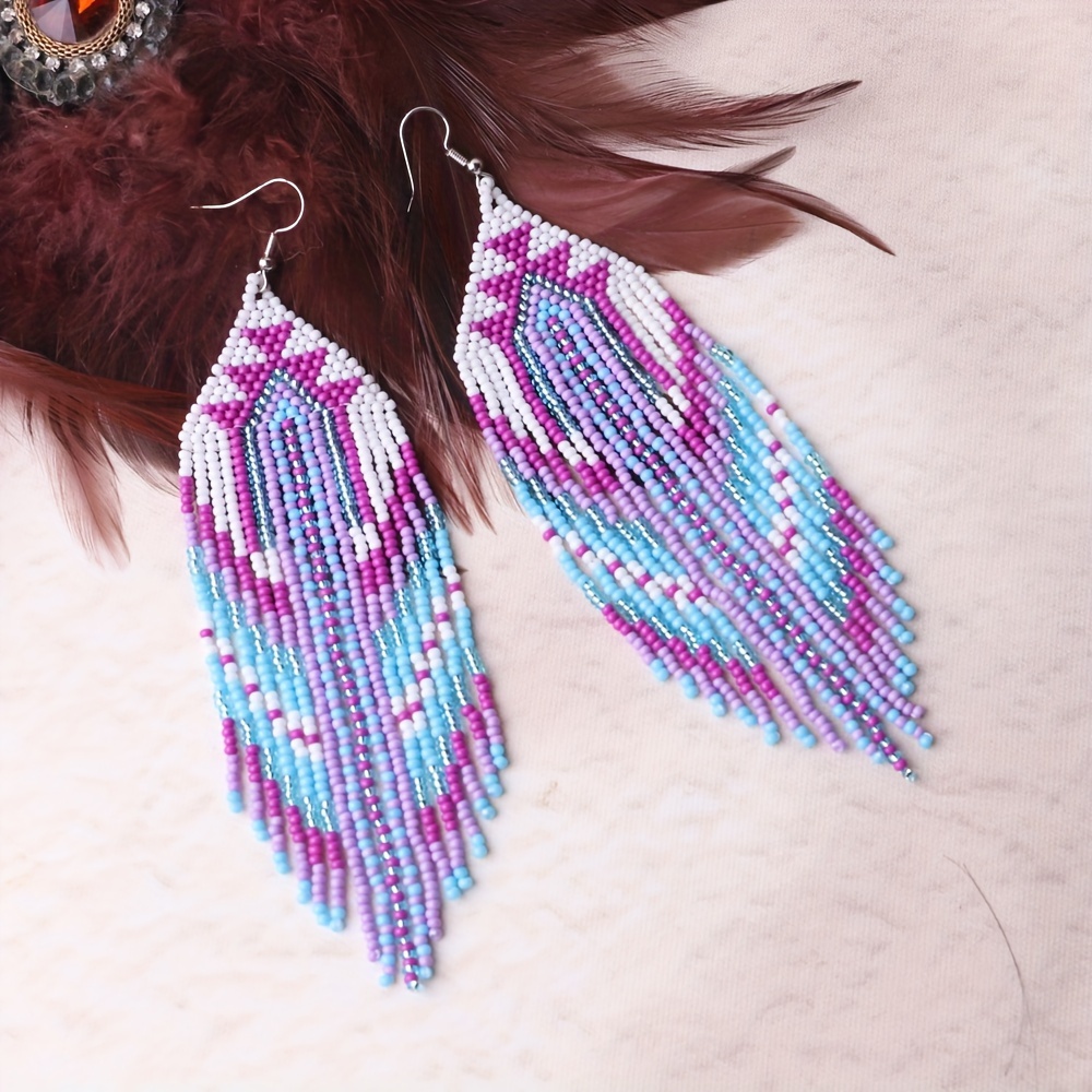 

New Bohemian Geometric Long Tassel Earrings Glass Mini Beaded Dangle Earrings Holiday Party Accessories For Women