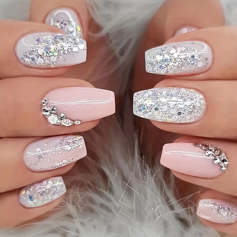 

24pcs Pink White Fake Nails Shiny Sequin Press On Nails With Rhinestone Design, Glossy Glue On Nails Full Cover Medium Ballet False Nails For Women Girls Daily Wear
