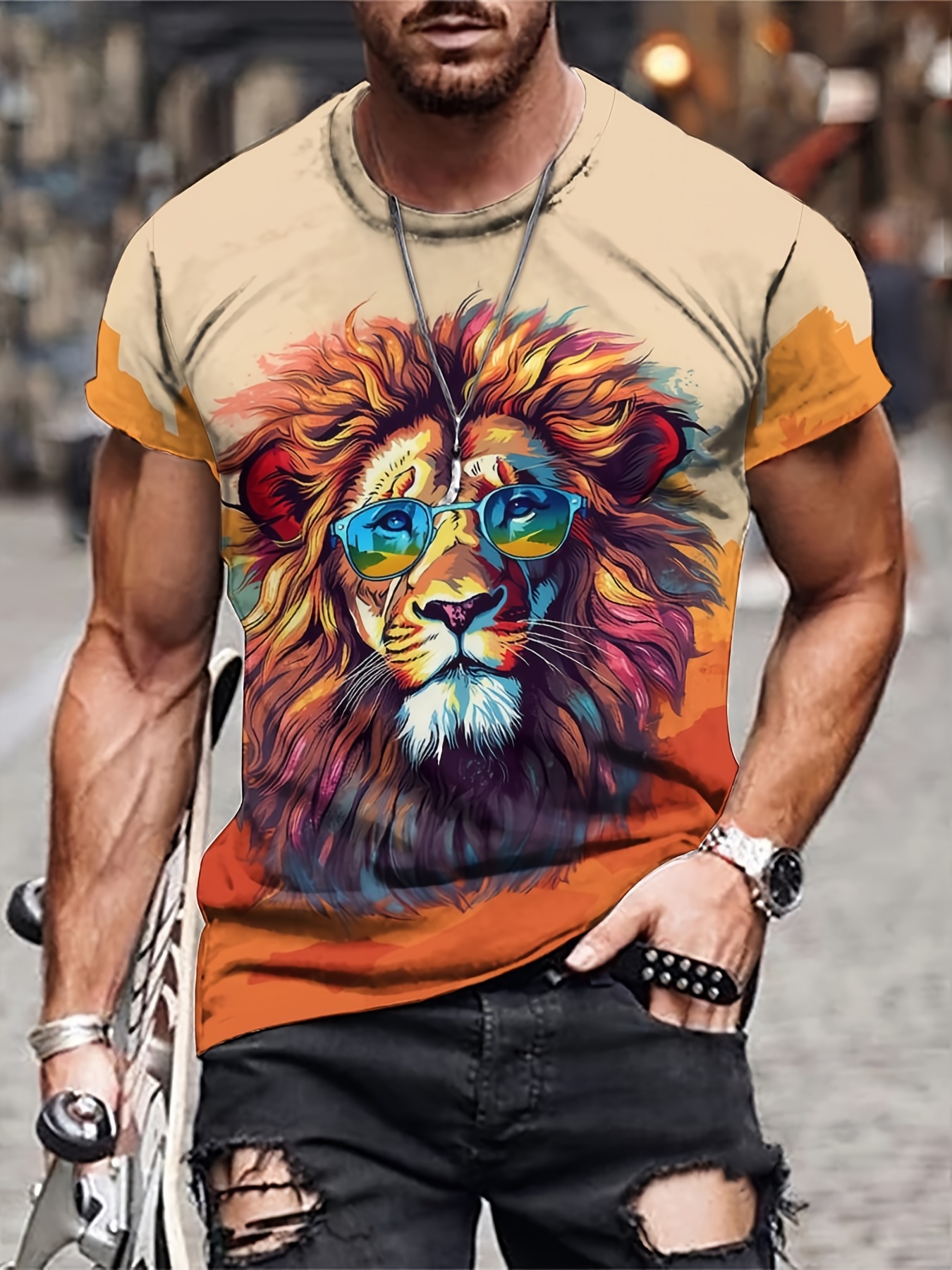 Men's 3D Lion T-shirt Stretchy Breathable Tee