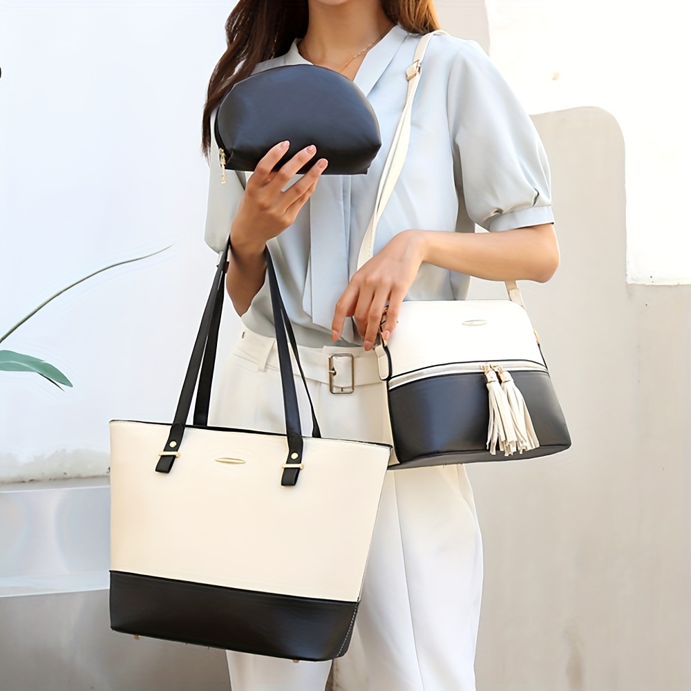 Womens Black-White Coloured Tote Bag