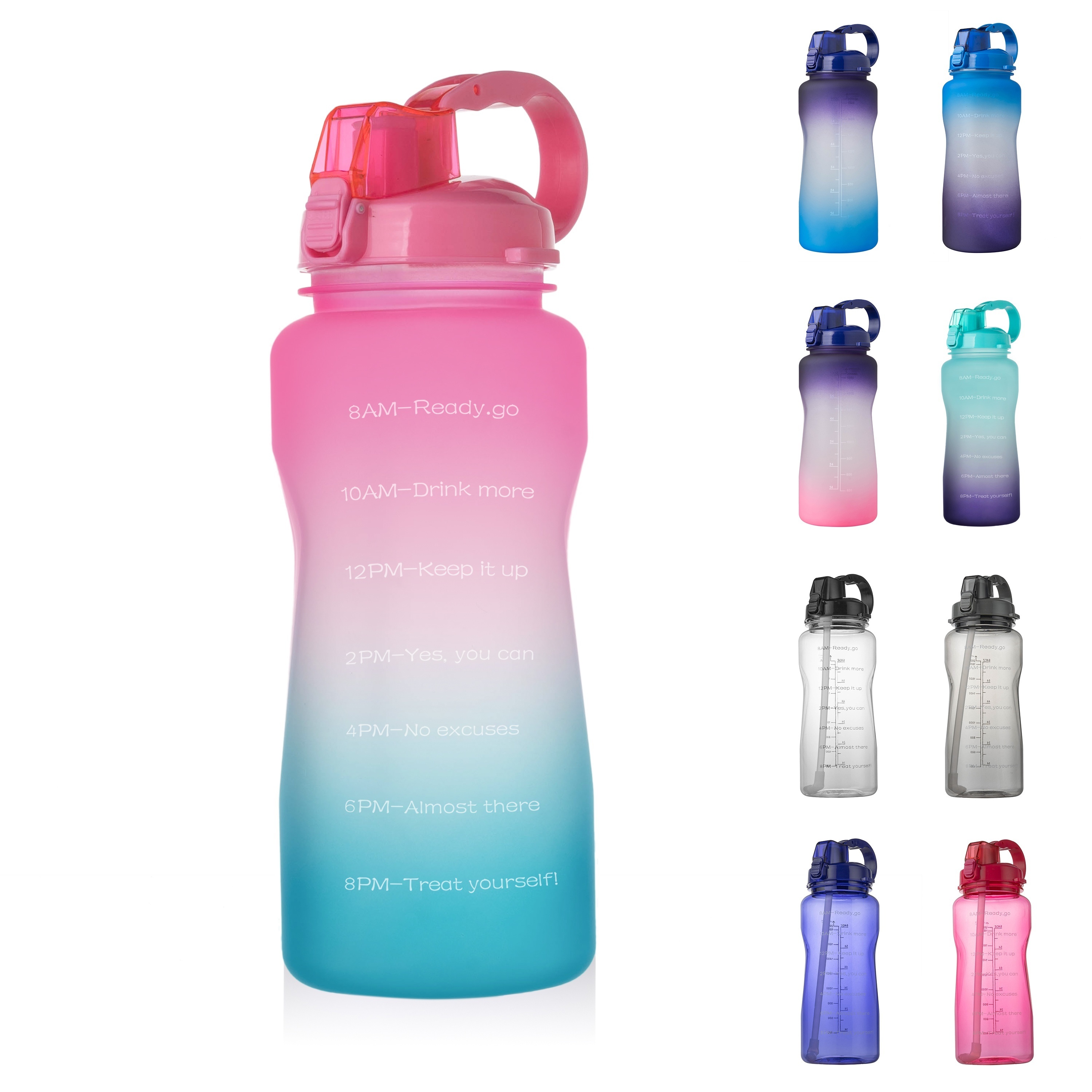 Botellas de agua con pajilla, botella de agua motivacional de 64 onzas con  marcador de tiempo, botellas de agua de medio galón con asa súper grande y