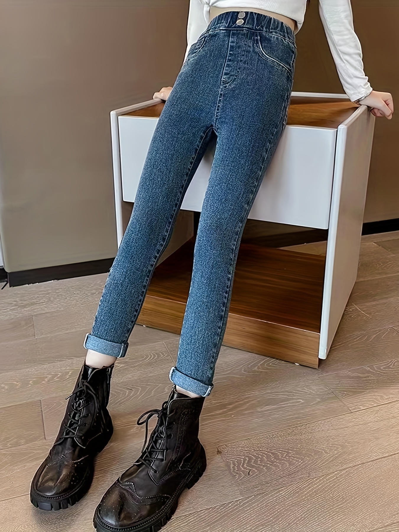 Girls' Raw-Hem Fleece Jeans Cute Hearts Pattern Regular Fit Trendy & Warm  Denim Pants For Autumn And Winter, Girls' Clothing