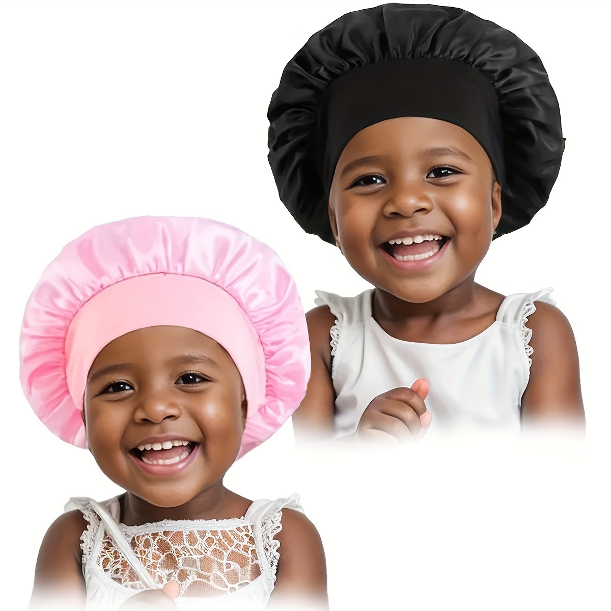 

2pcs Girls Cute Silky Satin Feeling Bonnet Wide Brim Sleep Shower Decorative Hair Accessories