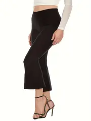 plus size casual pants womens plus solid elastic high rise slight stretch split hem crop flared leg trousers details 2