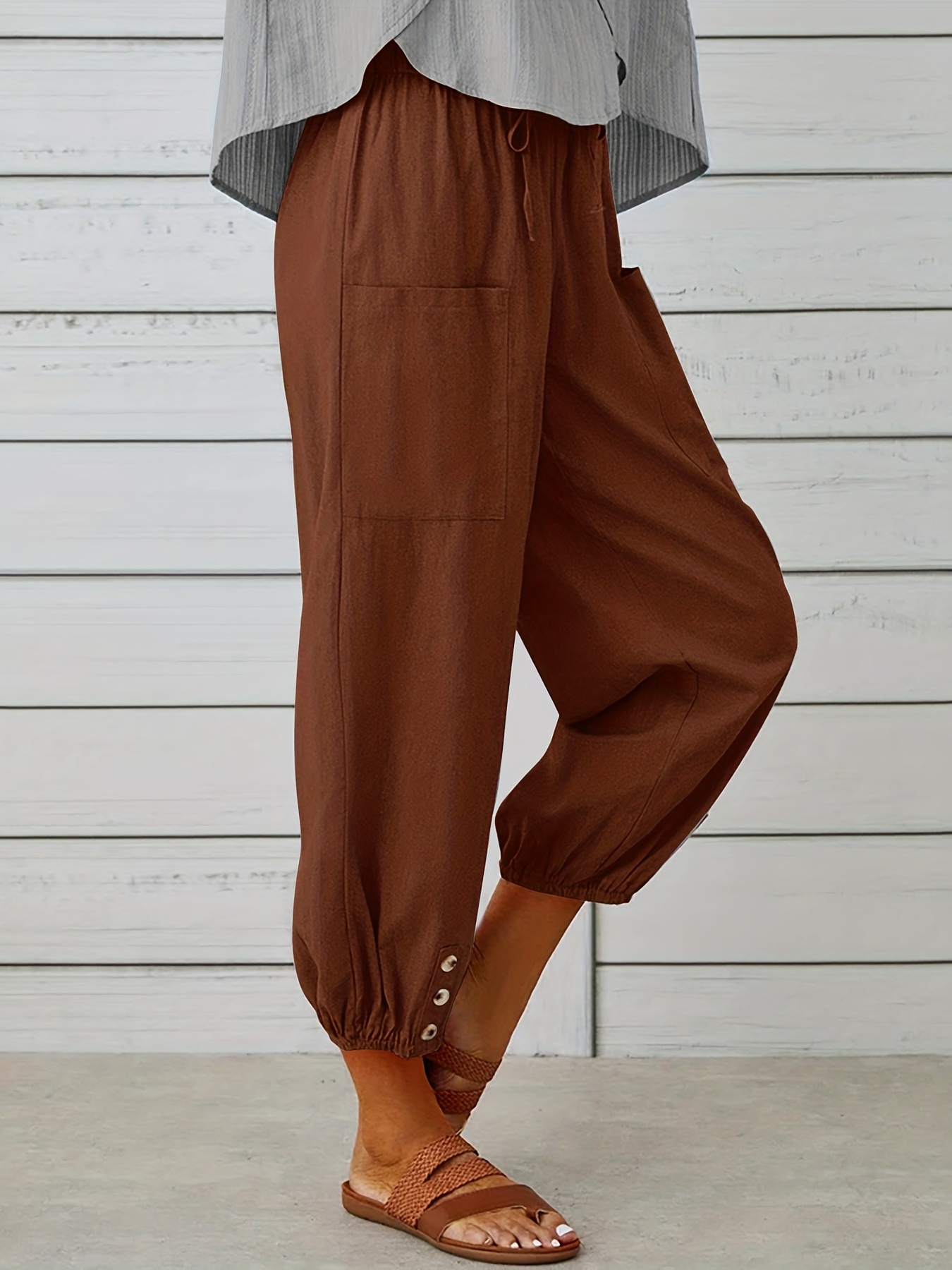 Women's Brown Drawstring Elastic Waist Pull-on Casual Pants with