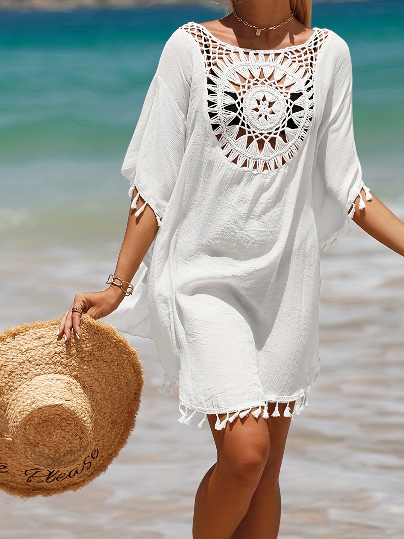 CUHAKCI 2018 Boho Style Women's Cover Up White Lace Hollow Crochet
