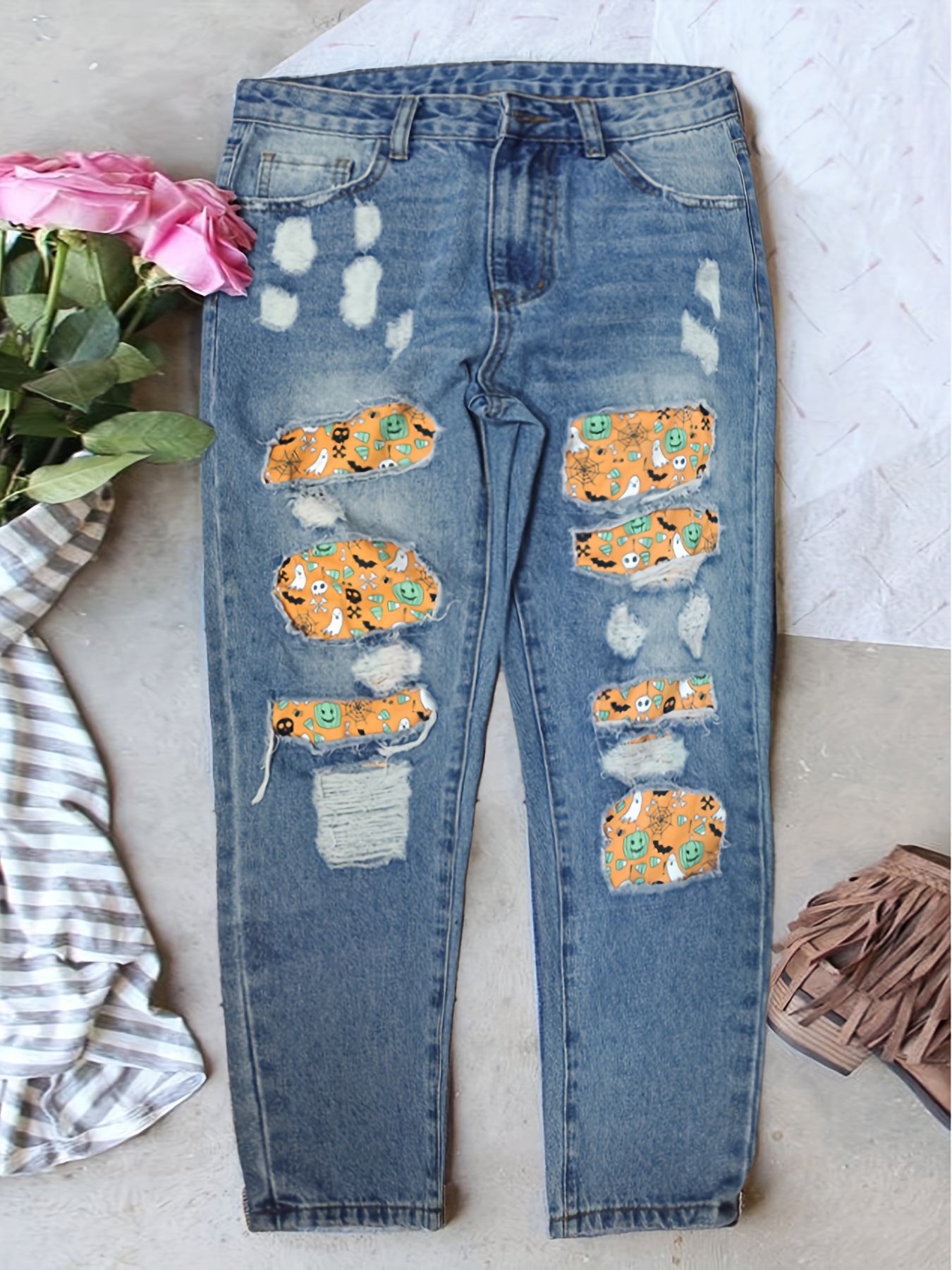 Pumpkin & Checkerboard Print Skinny Jeans, Ripped Holes Slim Fit Raw Hem  Tight Jeans, Halloween Women's Denim Jeans & Clothing