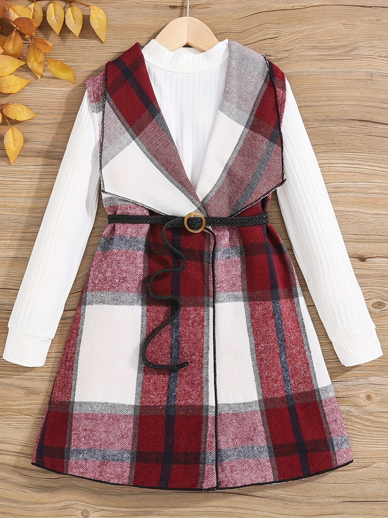 Pre Teen Girls' 2-Piece Outfit Mock Neck Long Sleeve T Shirt And Belted  Lapel Vest Coat Set Girl Clothing For Autumn/ Winter